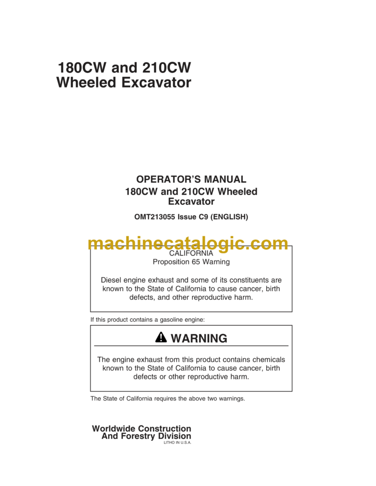 John Deere 180CW, 210CW Wheeled Excavator Operator's Manual (OMT213055)