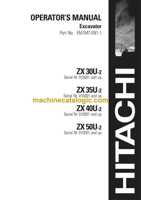 Hitachi ZX30U-2,ZX35U-2,ZX40U-2,ZX50U-2 Operators' Manual (EM1M7-EN1-1)