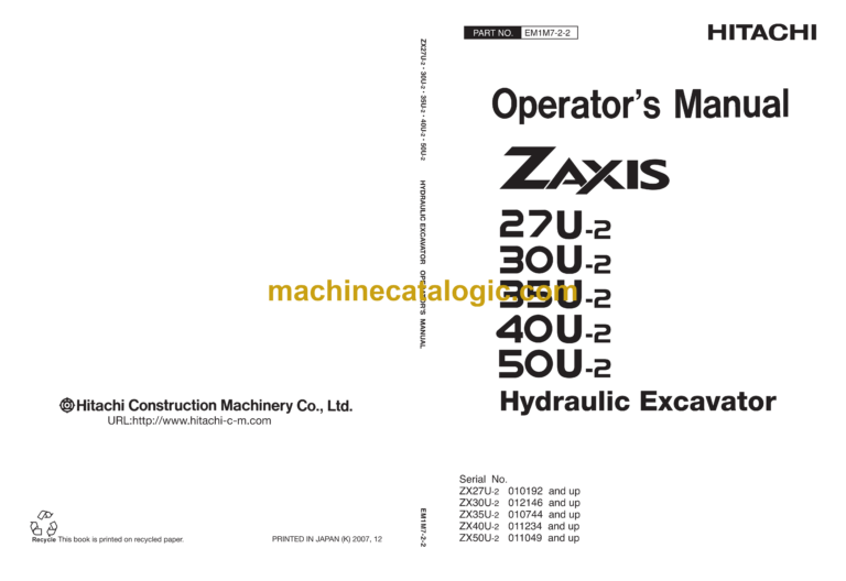 Hitachi ZX27U-2,ZX30U-2,ZX35U-2,ZX40U-2,ZX50U-2 Hydraulic Excavator Operator's Manual (EM1M7-2-2)