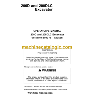 John Deere 200D and 200DLC Excavator Operator's Manual (OMT226908)