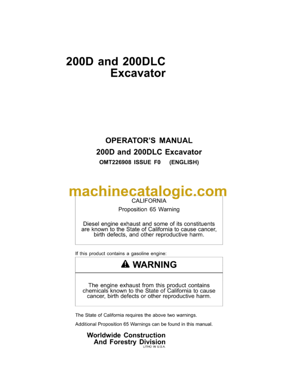 John Deere 200D and 200DLC Excavator Operator's Manual (OMT226908)