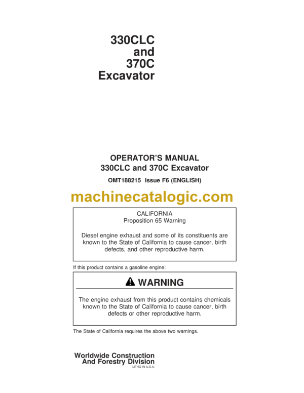 John Deere 330CLC, 370C Excavator Operator's Manual (OMT188215)