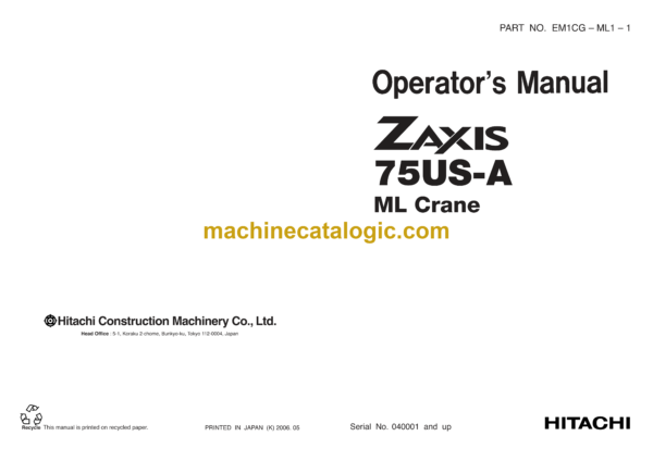 Hitachi ZX75US-A ML Crane Operator's Manual (EM1CG-ML1-1)