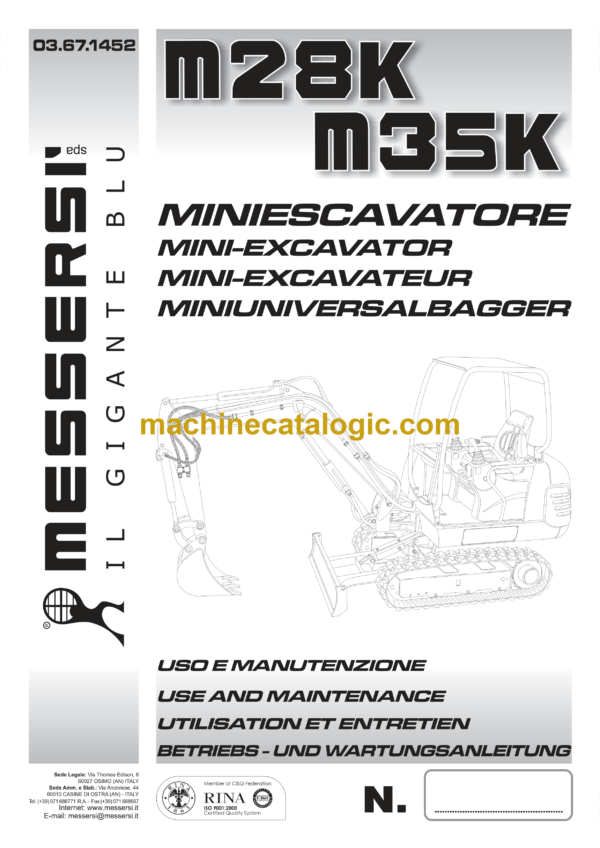 Messersi M28K, M35K Mini Excavator Maintenance Manual