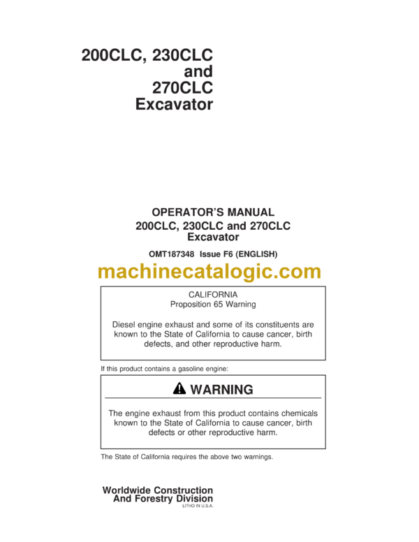 John Deere 200CLC, 230CLC, 270CLC Excavator Operator's Manual (OMT187348)