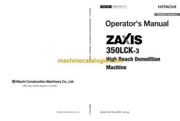 Hitachi ZX350LCK-3 High Reach Demolition Machine Operator's Manual (ENM1V9-HL1-2)