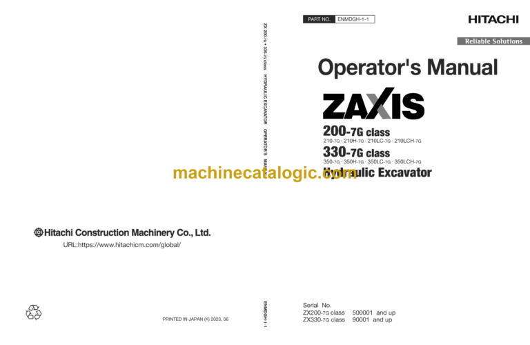 Hitachi ZX200-7G, ZX330-7G class Hydraulic Excavator Operator's Manual (ENMDGH-1-1, ENMDGH-1-2)