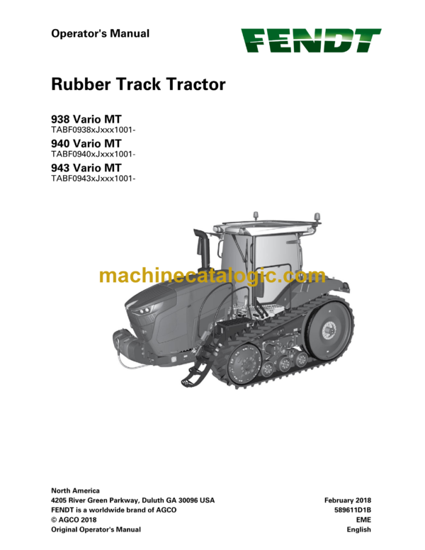 Fendt 938, 940, 943 Vario MT Rubber Track Tractor Operator's Manual