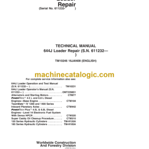 John Deere 644J Loader Repair Technical Manual (TM10246)