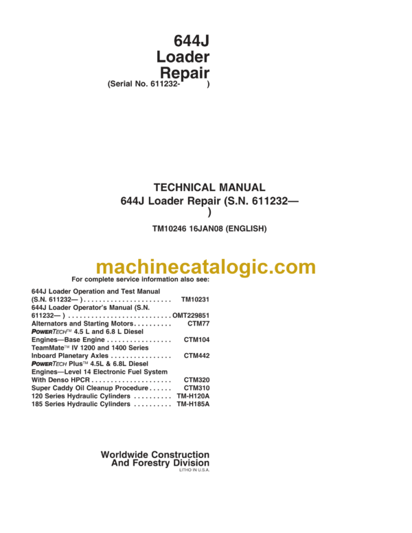 John Deere 644J Loader Repair Technical Manual (TM10246)