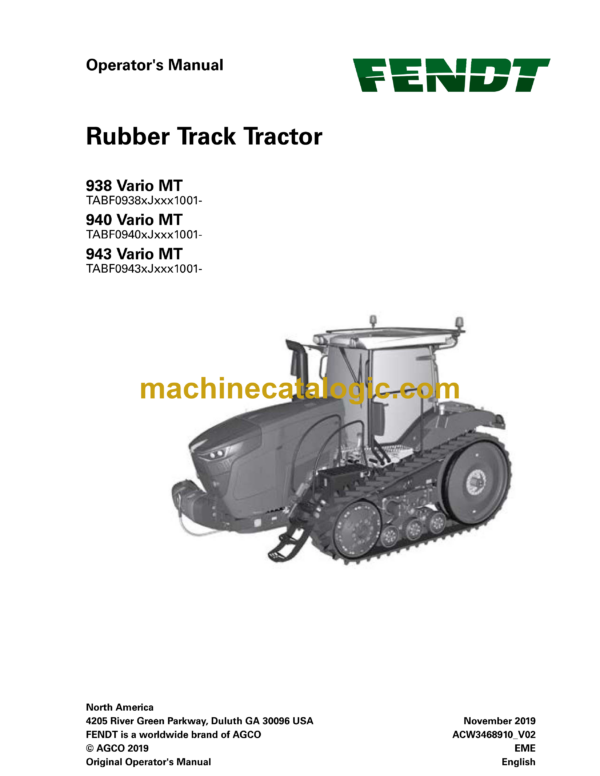 Fendt 938, 940, 943 Vario MT Rubber Track Tractor Operator's Manual