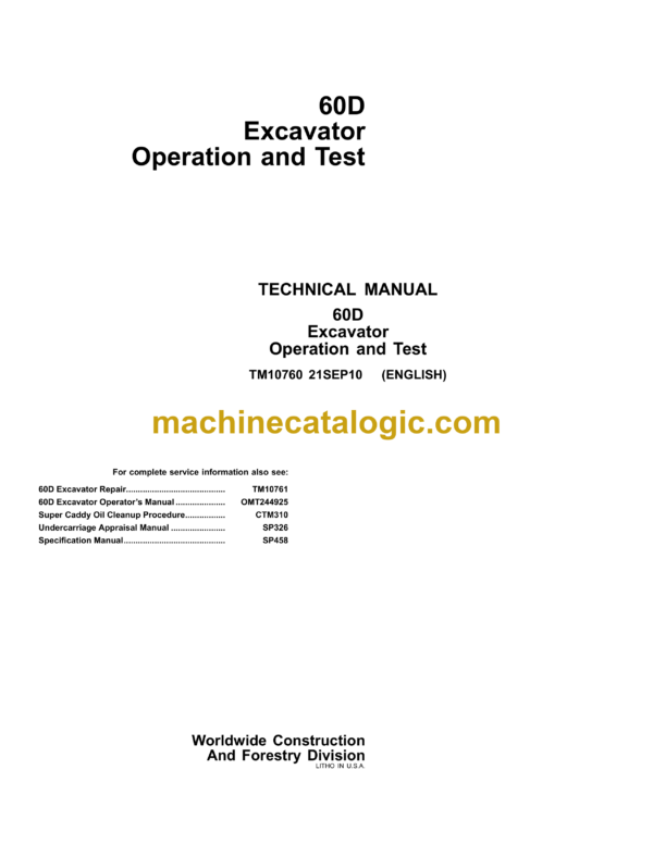 John Deere 60D Excavator Operation and Test Technical Manual (TM10760)