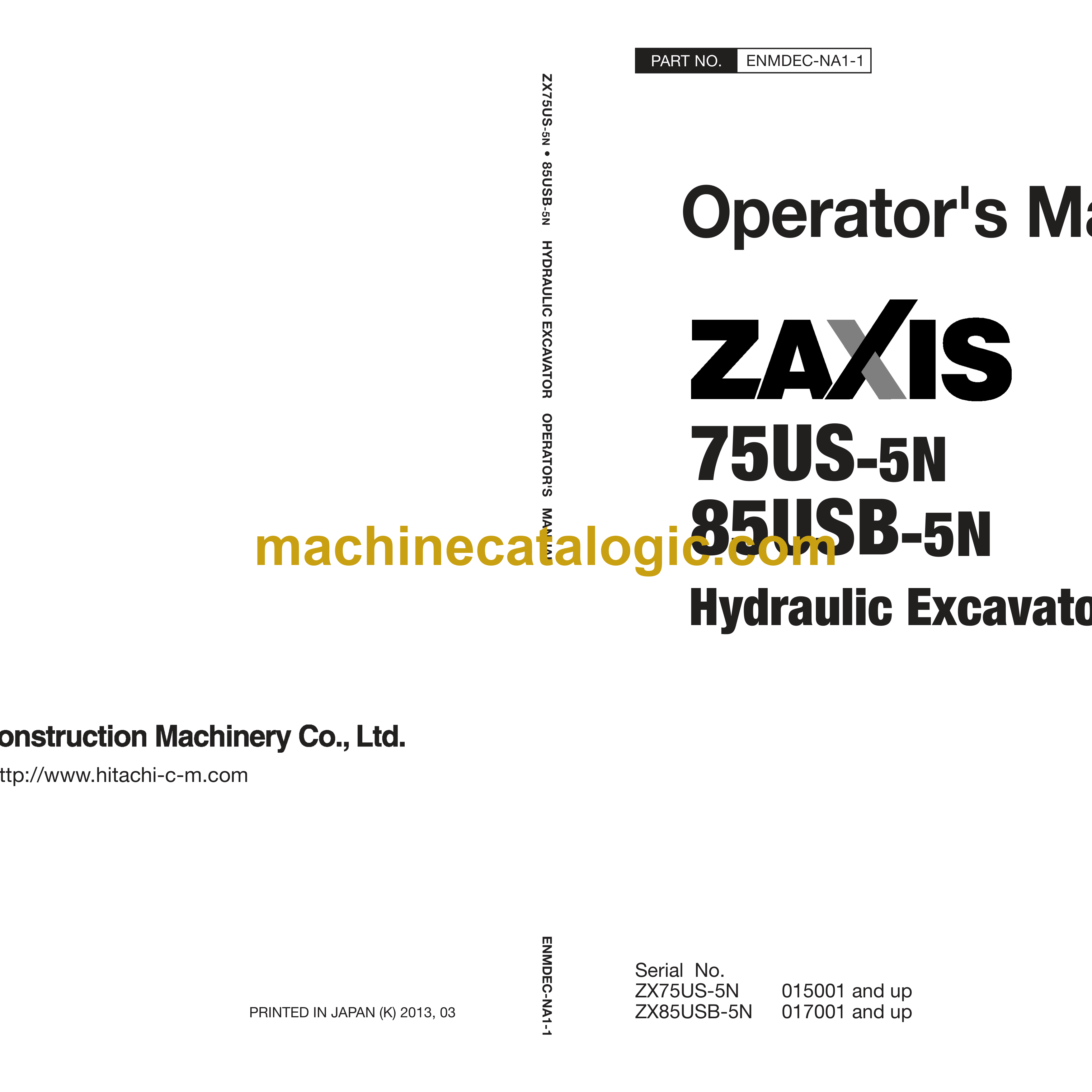 Hitachi ZX75US-5N, ZX85USB-5N Hydraulic Excavator Operator's