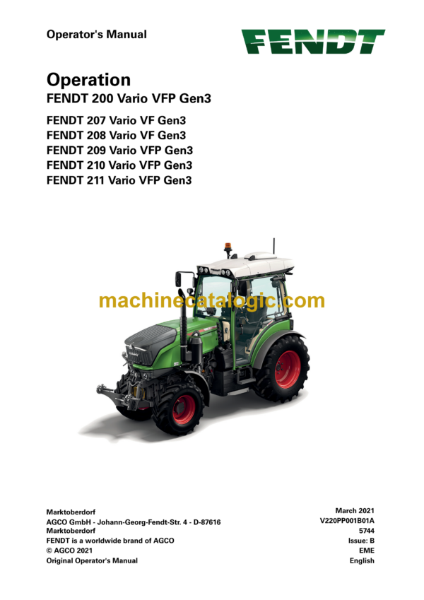 Fendt 200, 207, 208, 209, 210, 211 Vario VFP Gen3 Tractor Operation and Maintenance Manual