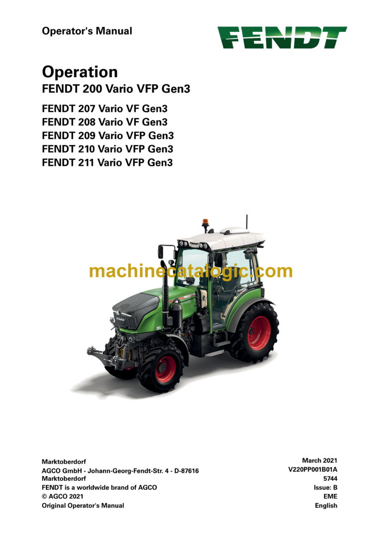Fendt 200, 207, 208, 209, 210, 211 Vario VFP Gen3 Tractor Operation and Maintenance Manual