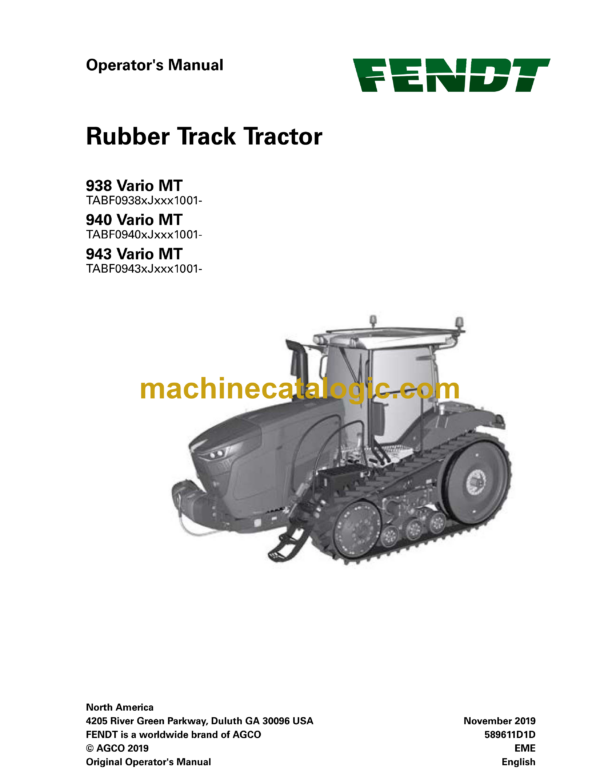 Fendt 938, 940, 943 Vario MT Rubber Track Tractor Operator's Manual (589611D1D)