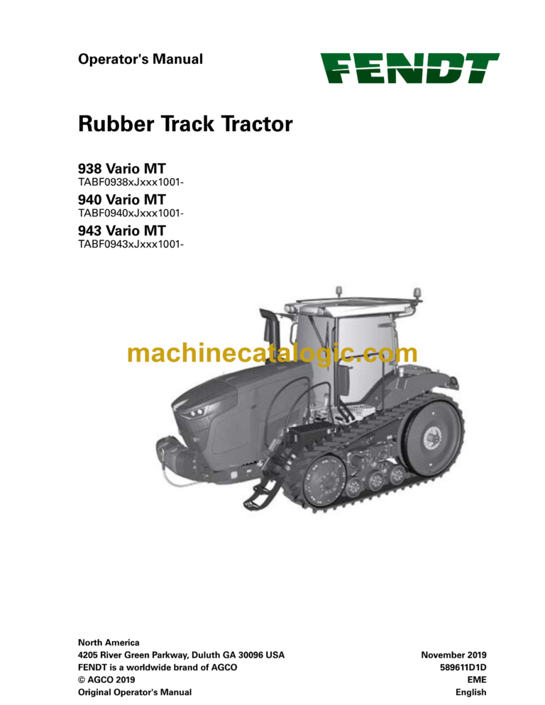 Fendt 938, 940, 943 Vario MT Rubber Track Tractor Operator's Manual (589611D1D)