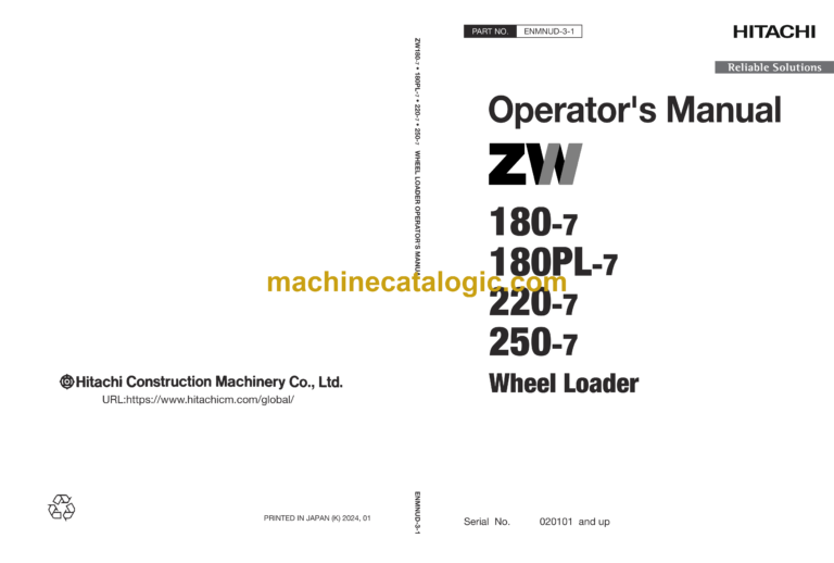 Hitachi ZW180-7,ZW180PL-7,ZW220-7,ZW250-7 Wheel Loader Operator's Manual (ENMNUD-3-1)