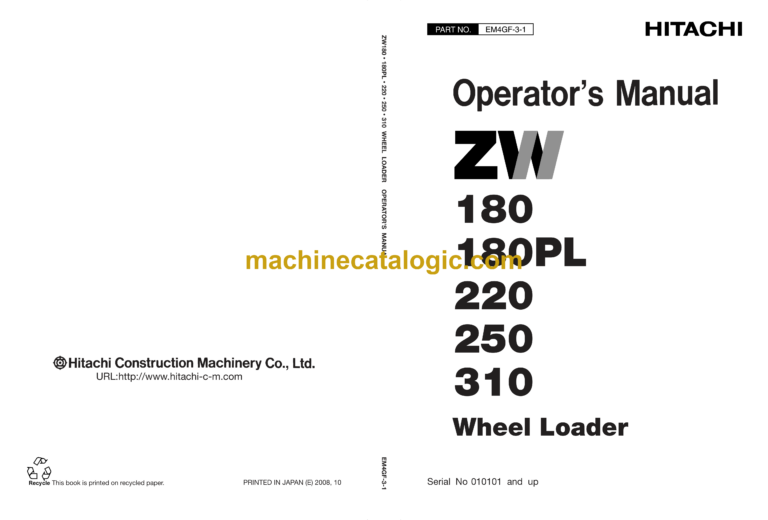Hitachi ZW180,ZW180PL,ZW220,ZW250,ZW310 Wheel Loader Operator's Manual (EM4GF-3-1 to EM4GF-3-6)