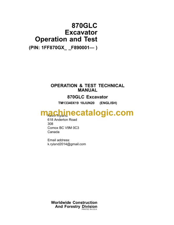 John Deere 870GLC Excavator Operation and Test Technical Manual (TM13340X19)