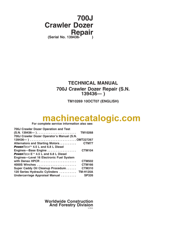 John Deere 700J Crawler Dozer Repair Technical Manual (TM10269)