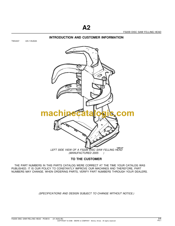 John Deere FS22B Disc Saw Feeling Head Parts Catalog (TW54437)