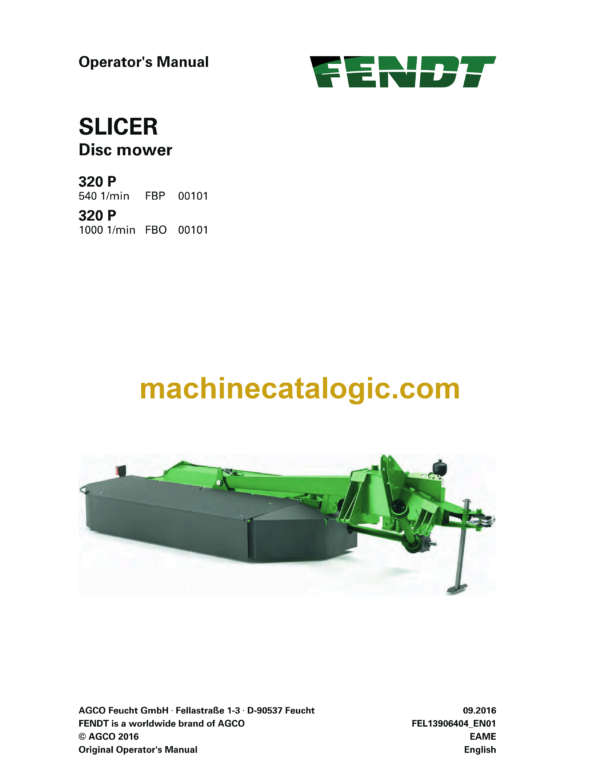 Fendt 320P (FBP, FBO) Slicer Disc Mower Operator's Manual (FEL1390640401)