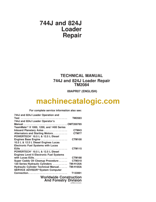 John Deere 744J and 824J Loader Repair Technical Manual (TM2084)