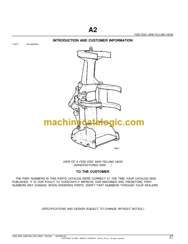 John Deere FS20 Disc Saw Feeling Head Parts Catalog (PC9126)