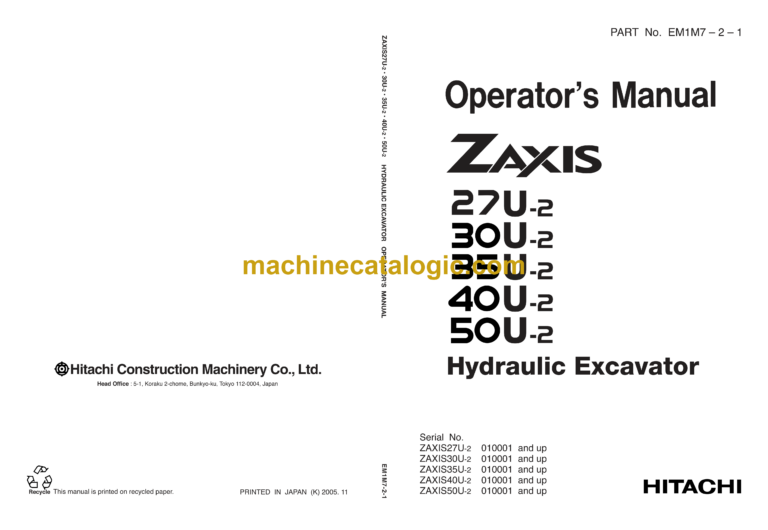 Hitachi ZX27U-2,ZX30U-2,ZX35U-2,ZX40U-2,ZX50U-2 Hydraulic Excavator Operator's Manual (EM1M7-2-1)