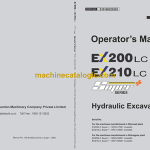 Hitachi EX200LC Super+ & EX210LC Super+ Hydraulic Excavator Operator's Manual (910100220303)