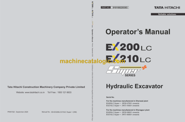 Hitachi EX200LC Super+ & EX210LC Super+ Hydraulic Excavator Operator's Manual (910100220303)