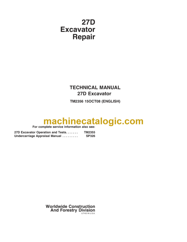 John Deere 27D Excavator Repair Technical Manual (PC2356)