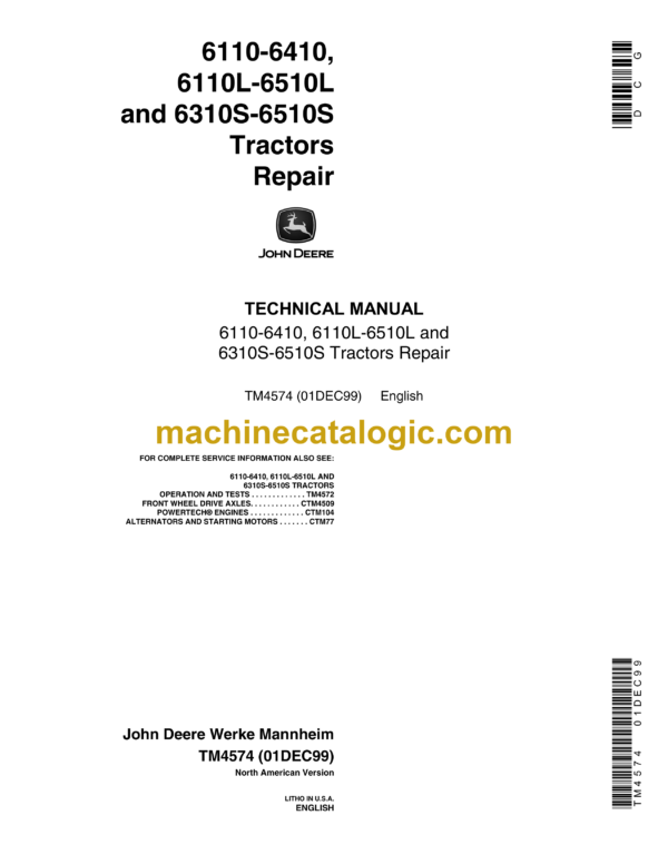 John Deere 6110-6410, 6110L-6510L and 6310S-6510S Tractors Repair Technical Manual (TM4574)