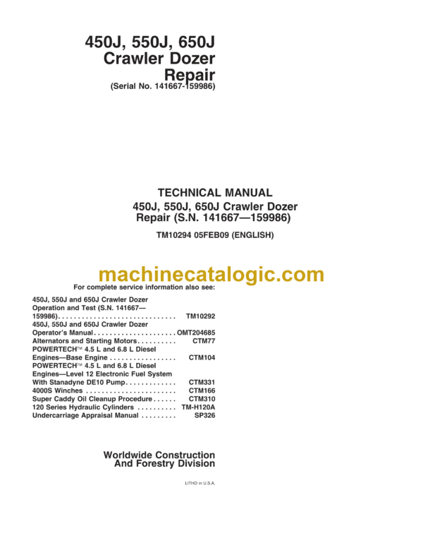 John Deere 450J, 550J, 650J Crawler Dozer Repair Technical Manual (TM10294)