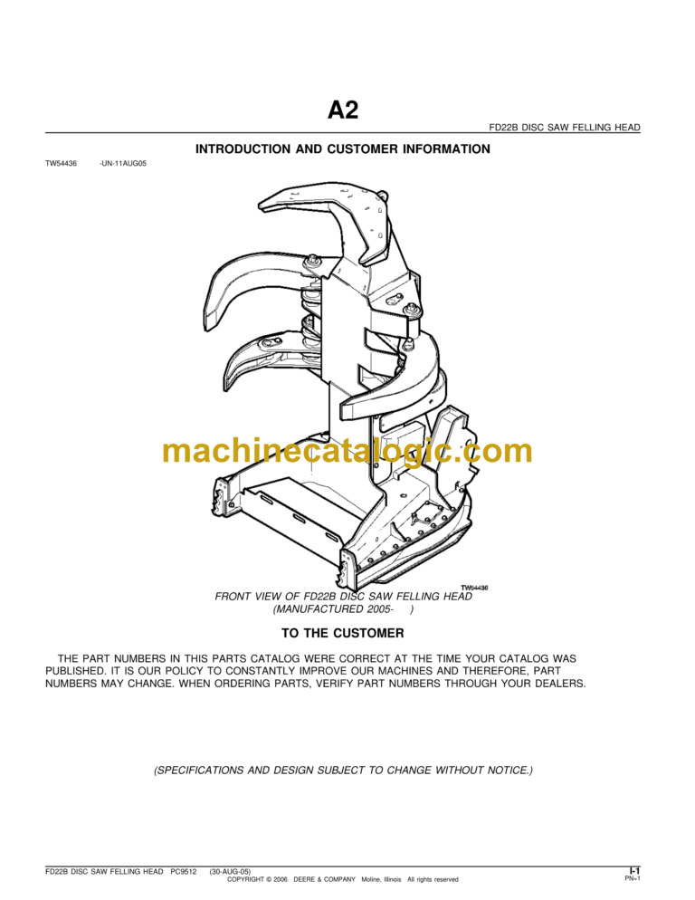John Deere FD22B Disc Saw Feeling Head Parts Catalog (PC9512)