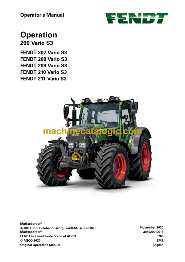 Fendt 200, 207, 208, 209, 210, 211 Vario S3 Tractor Operation and Maintenance Manual