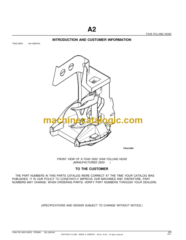 John Deere FD45 Feeling Head Parts Catalog (PC9304)