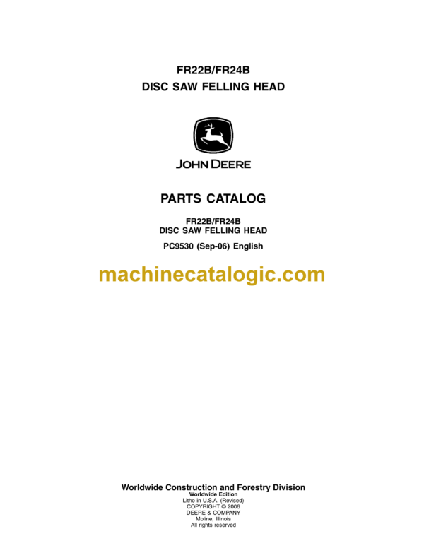 John Deere FR22B, FR24B Disc Saw Feeling Head Parts Catalog (PC9530)