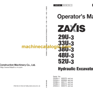 Hitachi ZX29U-3, ZX33U-3, ZX38-3, ZX48U-3, ZX52U-3 Hydraulic Excavator Operator's Manual (EM1NE-EN1-2, EM1NE-EN1-2T)