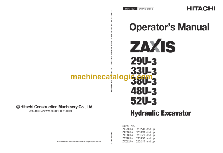 Hitachi ZX29U-3, ZX33U-3, ZX38-3, ZX48U-3, ZX52U-3 Hydraulic Excavator Operator's Manual (EM1NE-EN1-2, EM1NE-EN1-2T)