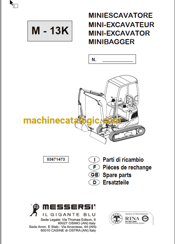 Messersi M13K Mini Excavatotor Spare Parts Catalog