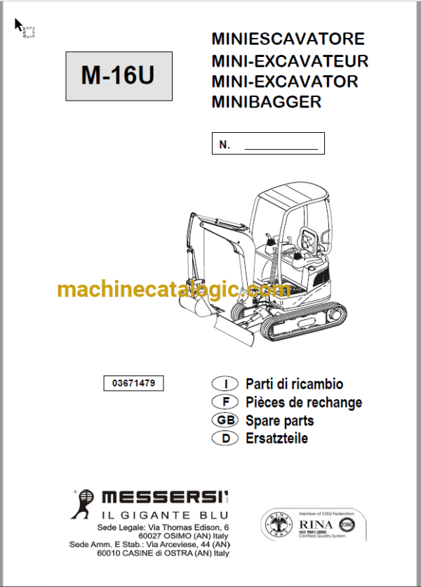 Messersi M16U Mini Excavator Spare Parts Catalog