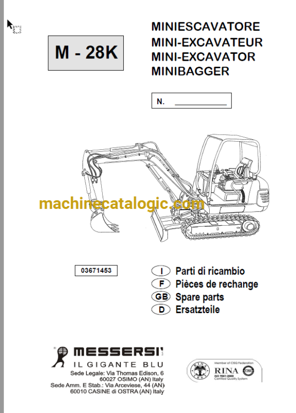 Messersi M28K Mini Excavator Spare Parts Catalog