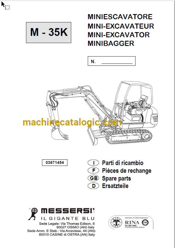 Messersi M35K Mini Excavator Spare Parts Catalog