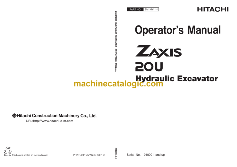 Hitachi ZX20U Excavator Operators Manual (EM1MY-1-1)