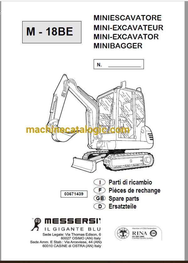 Messersi M18BE Mini Excavator Spare Parts Catalog