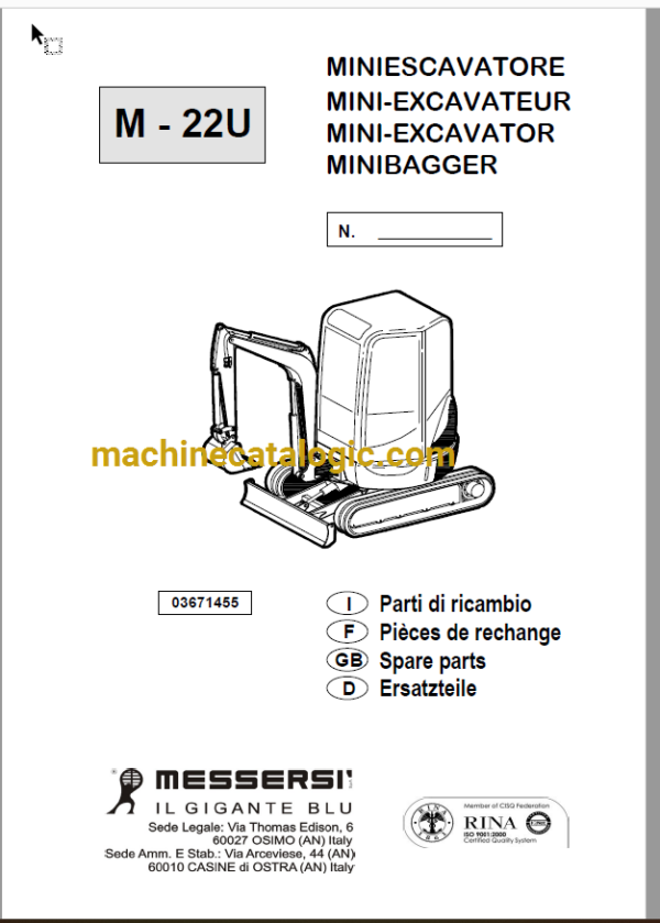 Messersi M22U Mini Excavator Spare Parts Catalog