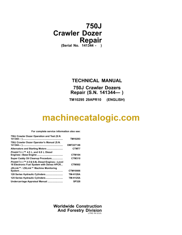 John Deere 750J Crawler Dozer Repair Technical Manual (TM10295)