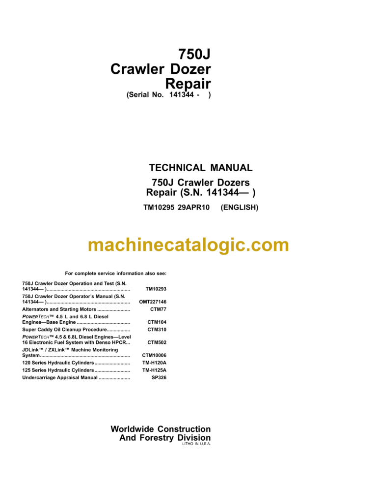 John Deere 750J Crawler Dozer Repair Technical Manual (TM10295)